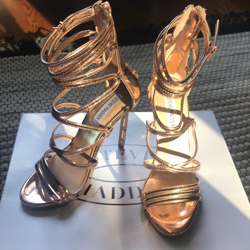 Steve Madden Metallic Rose Gold Multi-Strap Stiletto Sandals